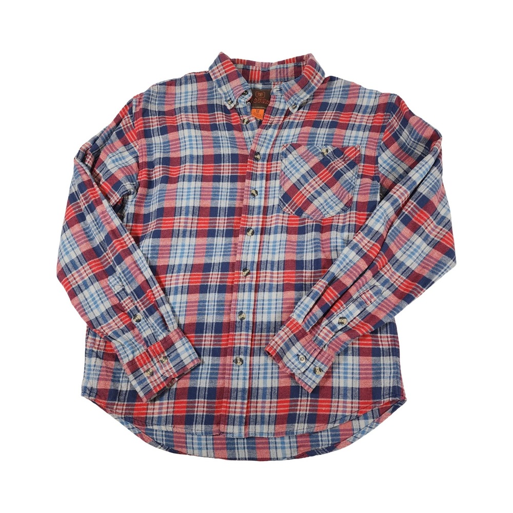Ranch Tough Mens Plaid Flannel Shirt Medium Red White Blue Long Sleeve Cotton